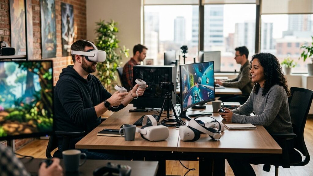 Человек в VR-шлеме тестирует симулятор в современном офисе с мягким естественным освещением