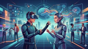 Футуристическая иллюстрация нейронной связи искусственного интеллекта с персонажем в виртуальной реальности для блога Imagineate Games