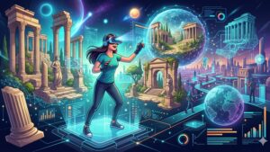 Футуристическая иллюстрация процесса создания детализированного 3D-ландшафта с помощью фотограмметрии для VR-игр